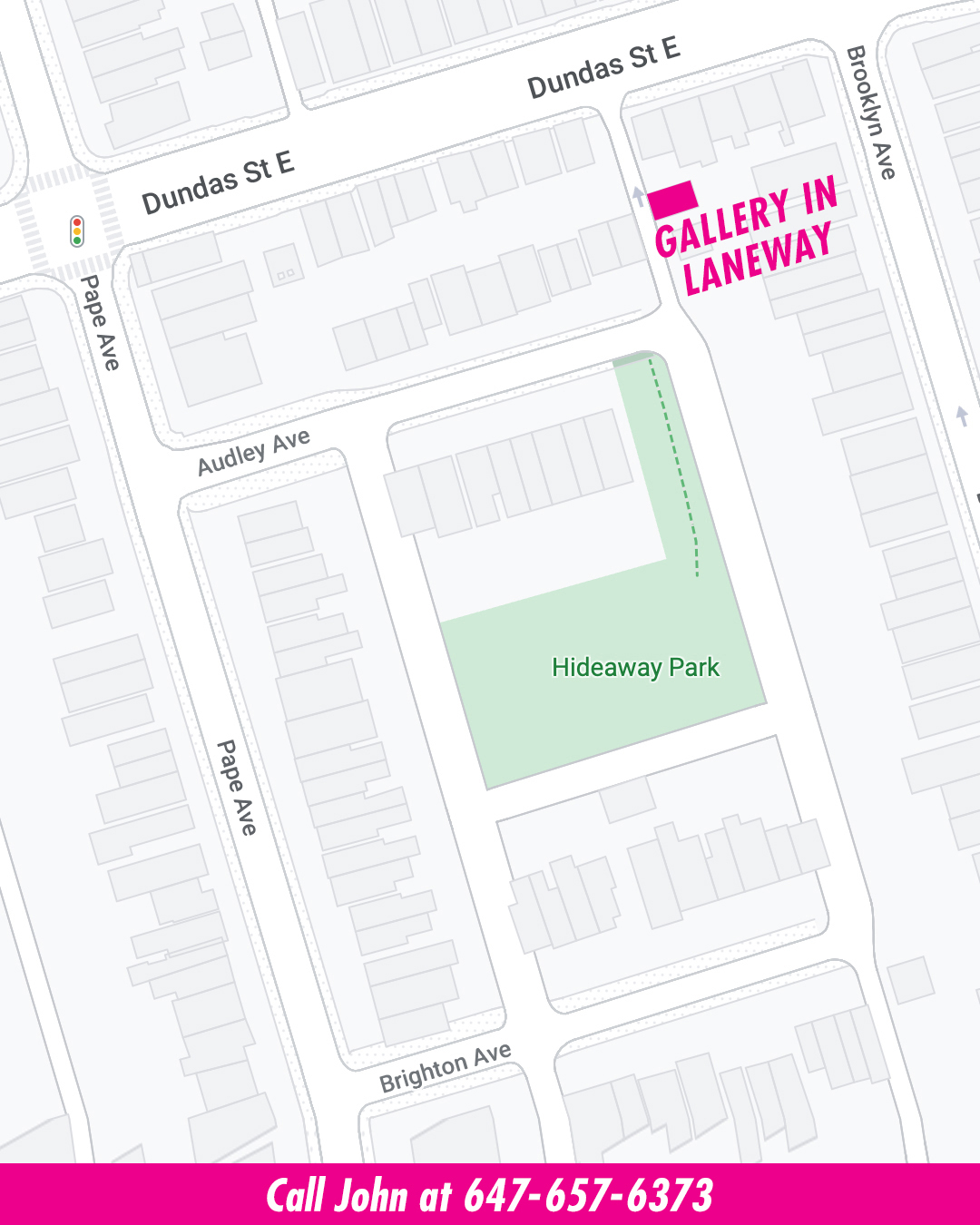 Map of the area surrounding Gagné Contemporary. Gallery is located in a laneway off the south side of Dundas, west of Brooklyn Avenue. 