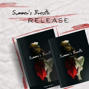 Burgundy scribbles featuring two book covers of Summer's Breath. 